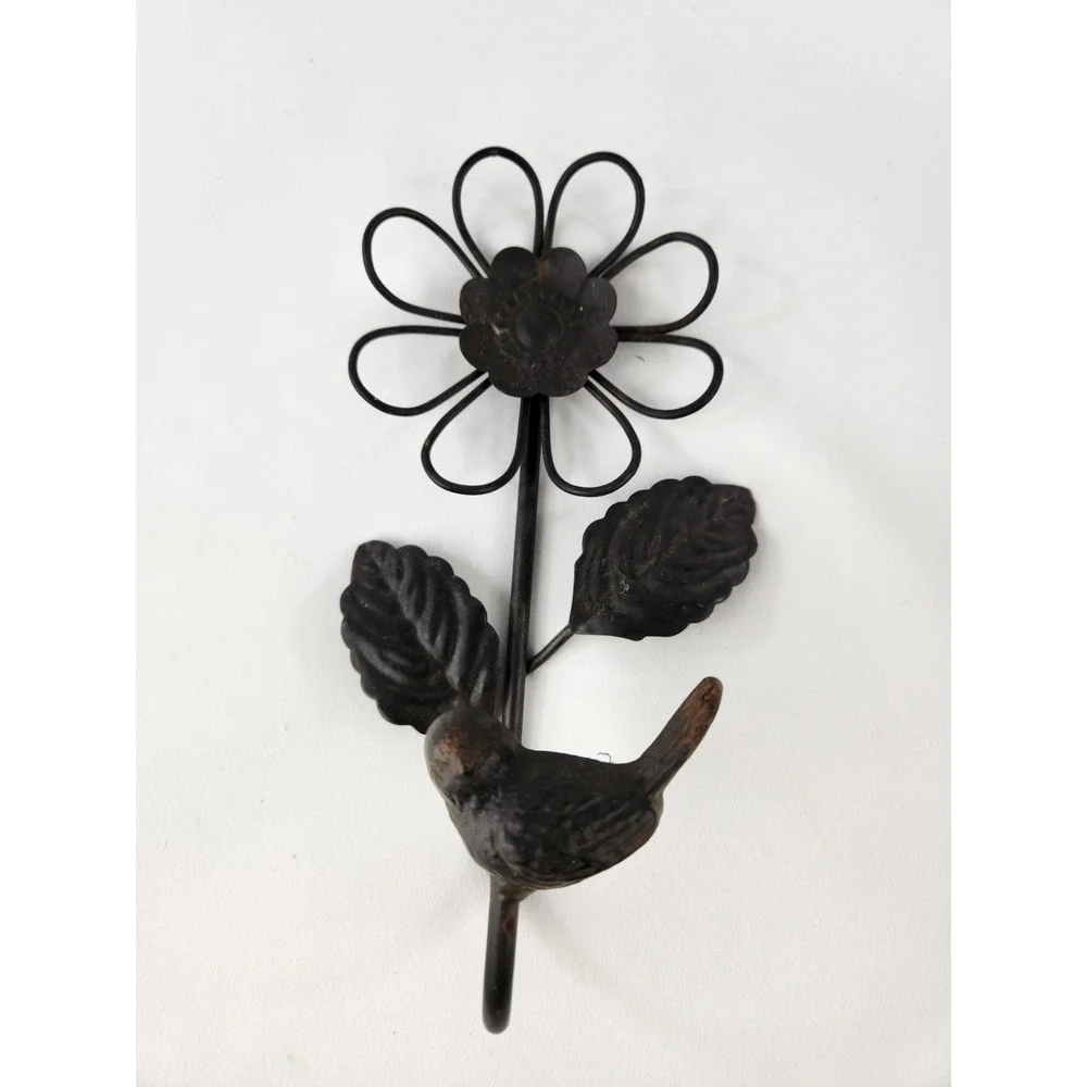 Bird and Flower Decorative Cast Metal Wall Mount Rustic Hook Daisy Cottagecore